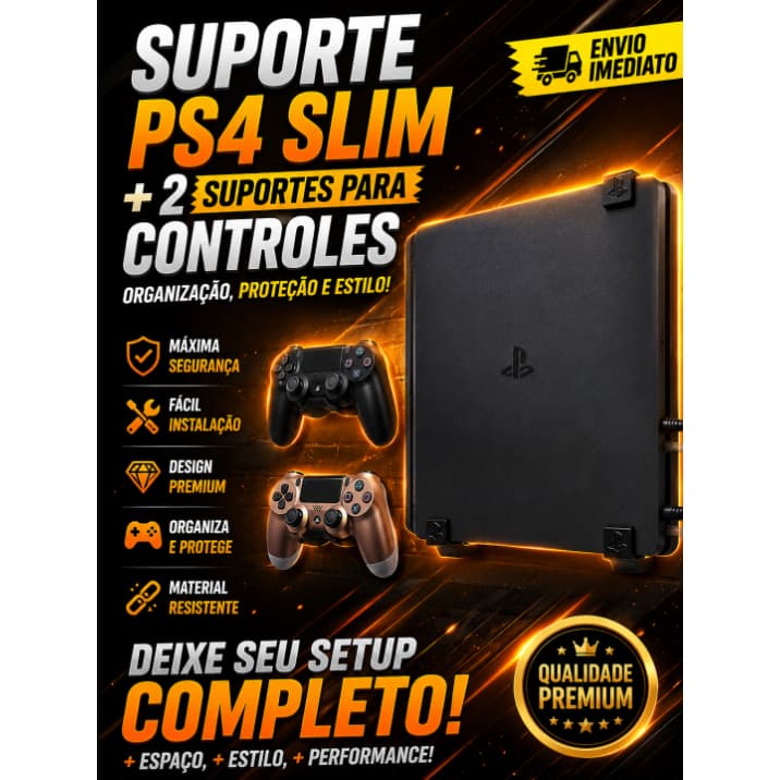 Suporte de Parede para PS4 Slim + 2 Suportes Para Controles  Organização Praticidade
