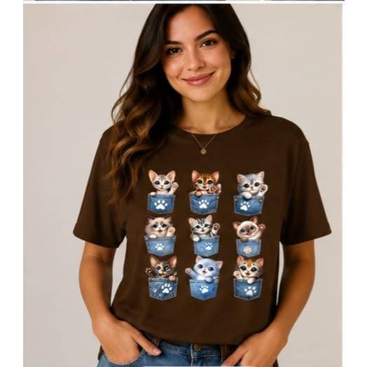 Camiseta Tshirt Estampa GATINHOS NO BOLSO  Lançamento Fofo Conforto