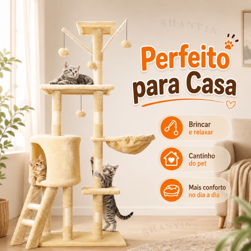 Arranhador para Gatos Árvore Torre Multi Níveis com Casinha Rede Sisal Brinquedos Suspensos para Gatos Bege