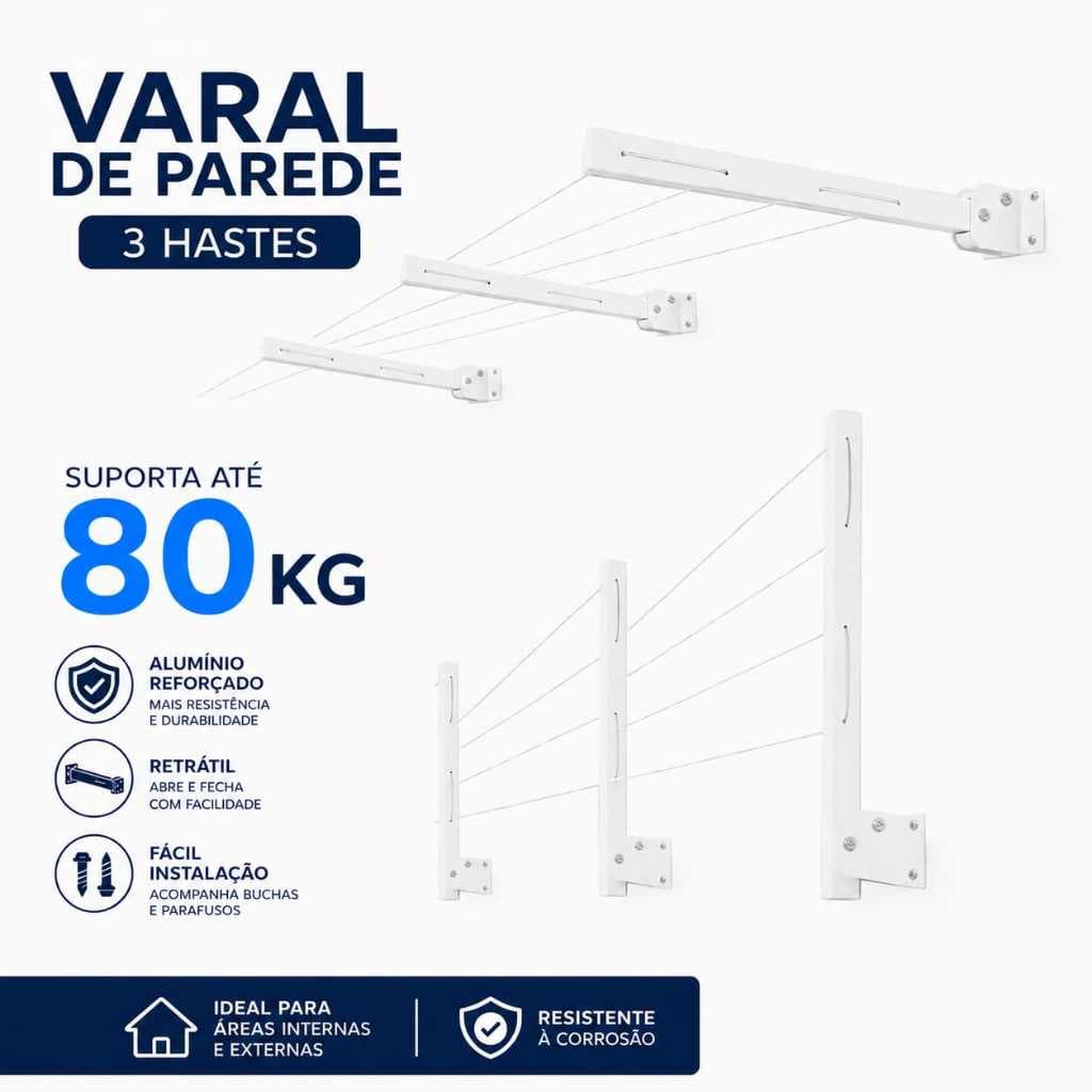 Varal Retrátil De Roupa Para Parede Muro Apartamento Casa 3 hastes  100% Alumínio acompanha kit montagem 80kg Branco