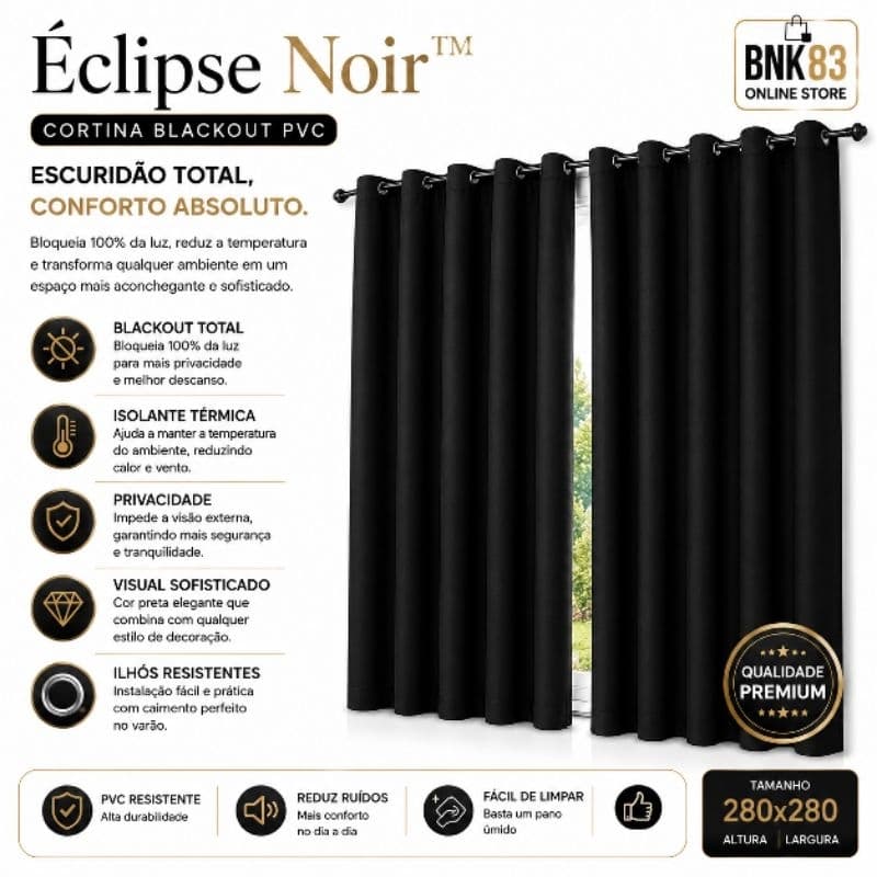Cortina Blackout PVC Corta Luz Isolante Térmica com Ilhós Preta Éclipse Noir™