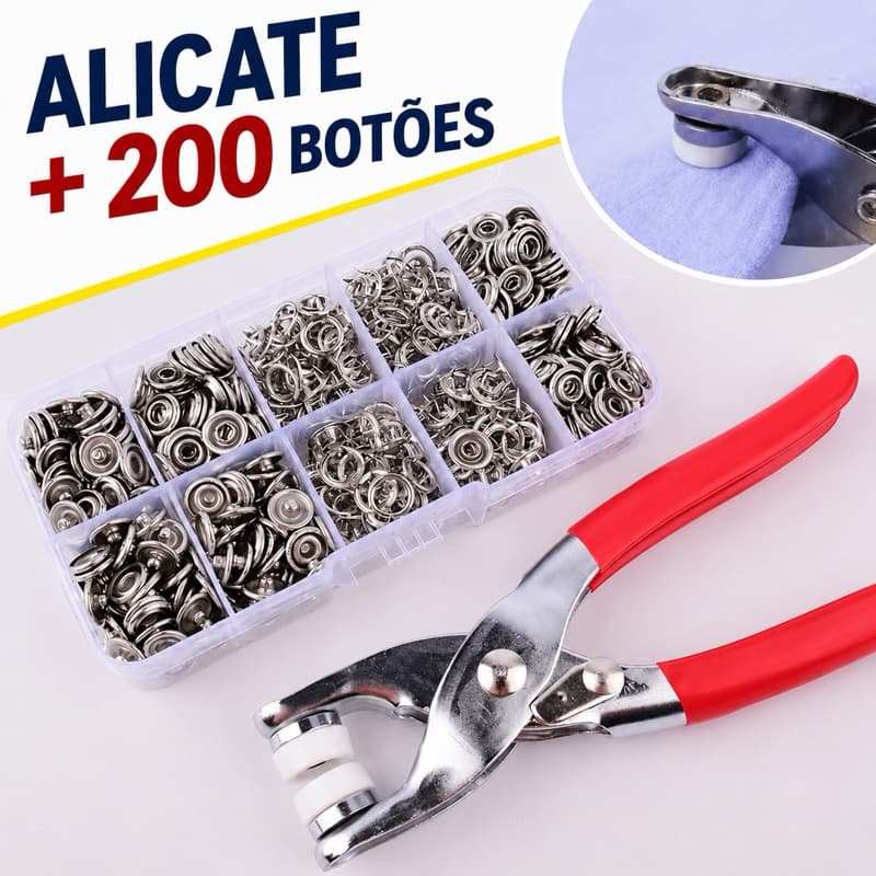 Alicate Aplicador Botão de Pressão + 200 Botões Metal