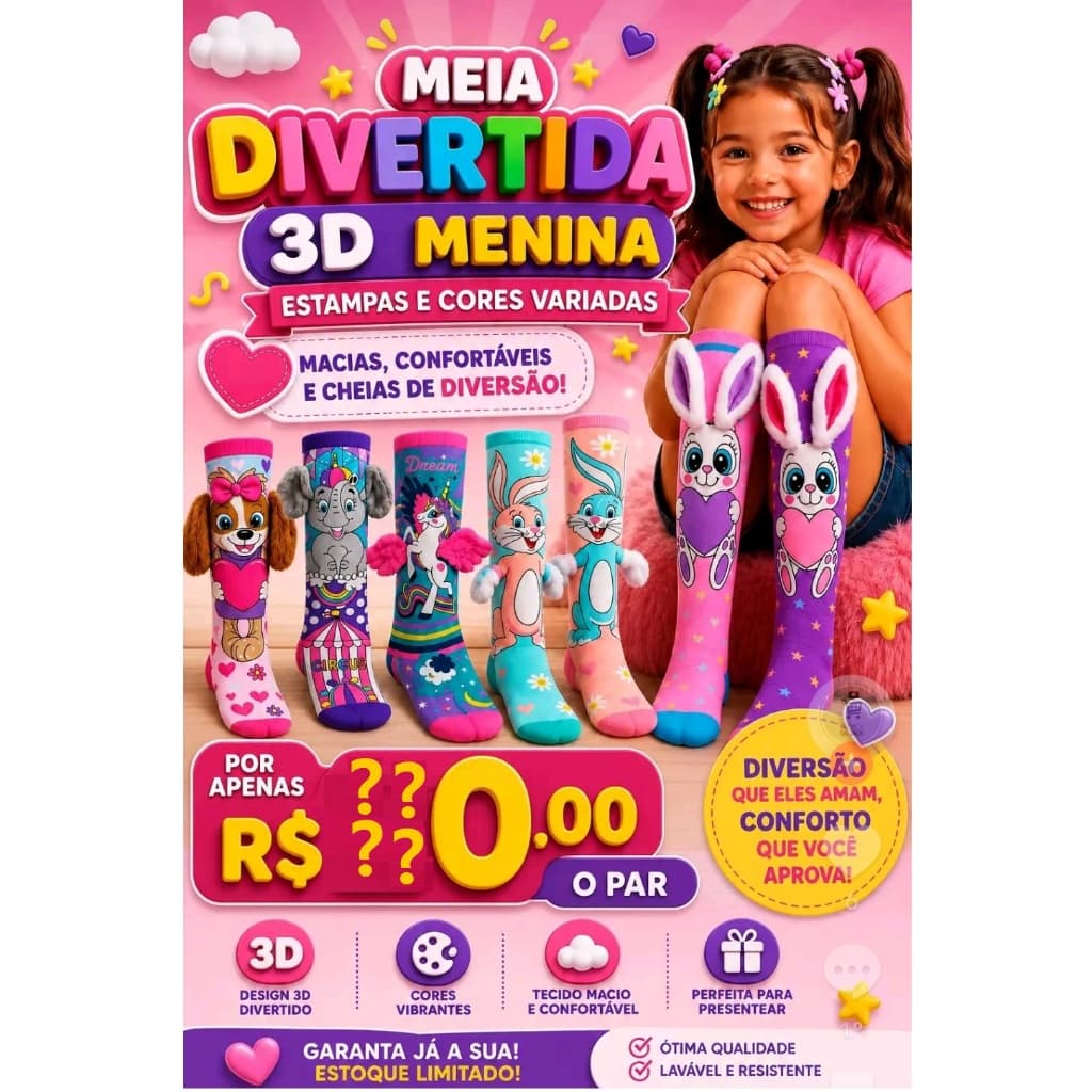 Meia 3D Infantil Divertida Personagen Cano Alto Estilo