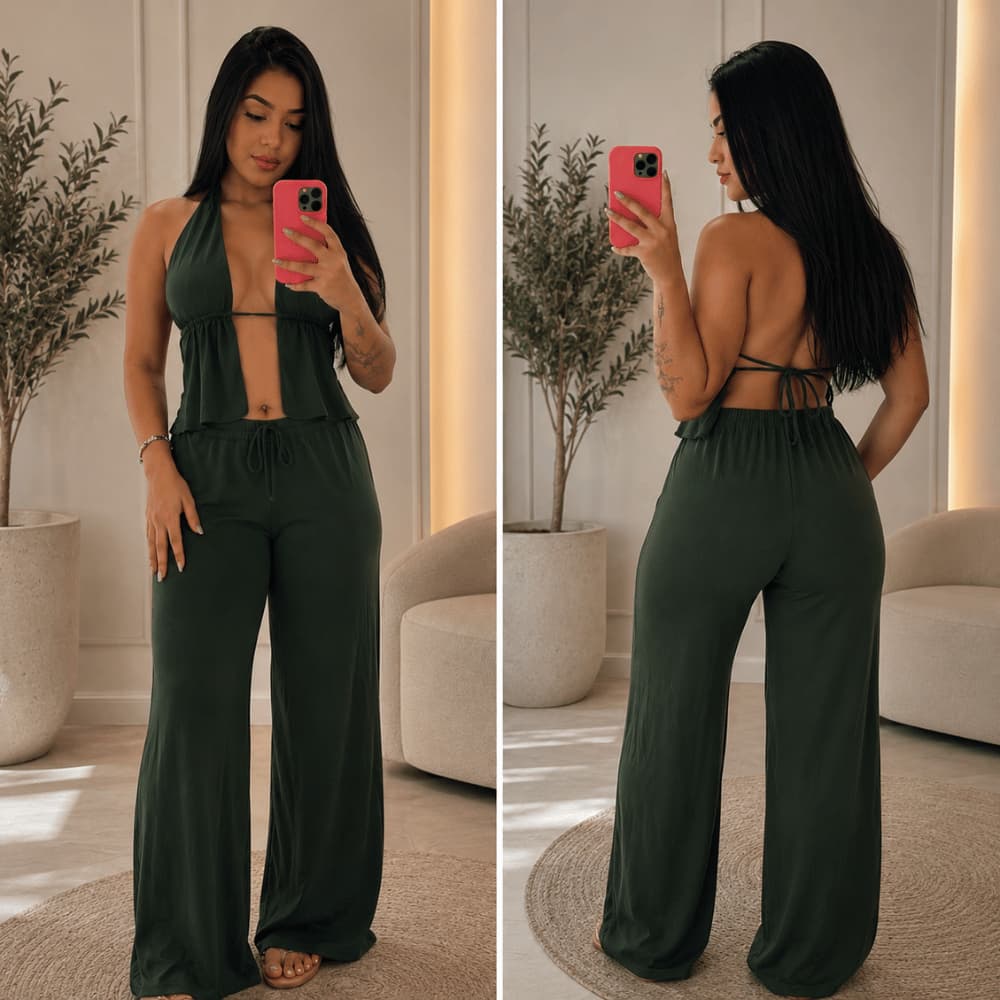 Conjunto Mercy Cropped Feminino Elegante Moderno com Calça Tecido Dunas Ideal para Festas Jantares e Passeios