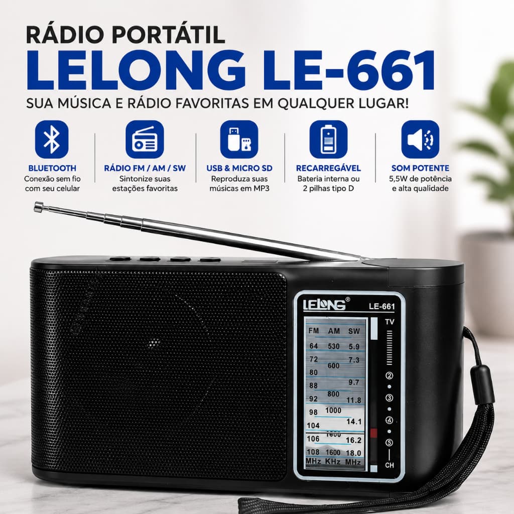 Rádio Portátil Bluetooth Lelong LE-661 AM FM SW Recarregável Caixa de Som MP3 USB Micro SD Antena Telescópica 5,5W