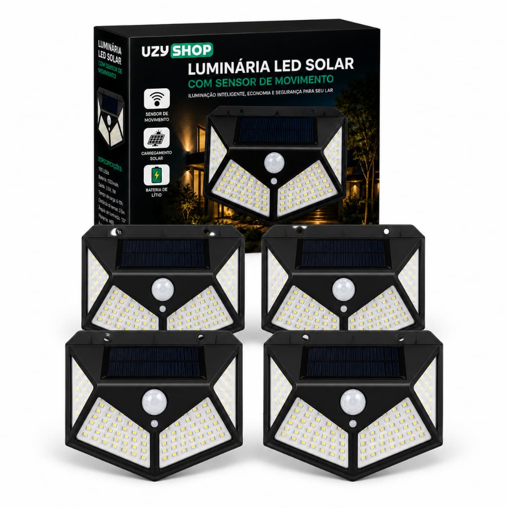 Kit 4 Luminária Solar LED 100 LEDs 20W Sensor Movimento IP65 Parede Impermeável Externa