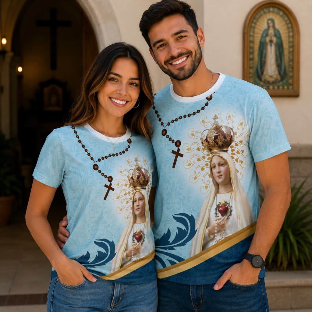 Camiseta Nossa Senhora de Fátima Full Print Católica Masculina e Feminina Envio Imediato