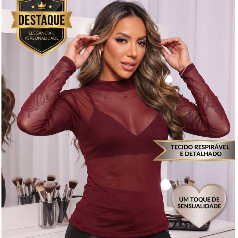 Blusa de Tule Manga Longa Feminina Gola Alta Transparente