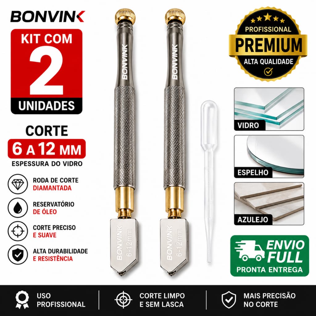 Kit 2 cortador de vidro Profissional+ Luva Antiderrapante Proteção