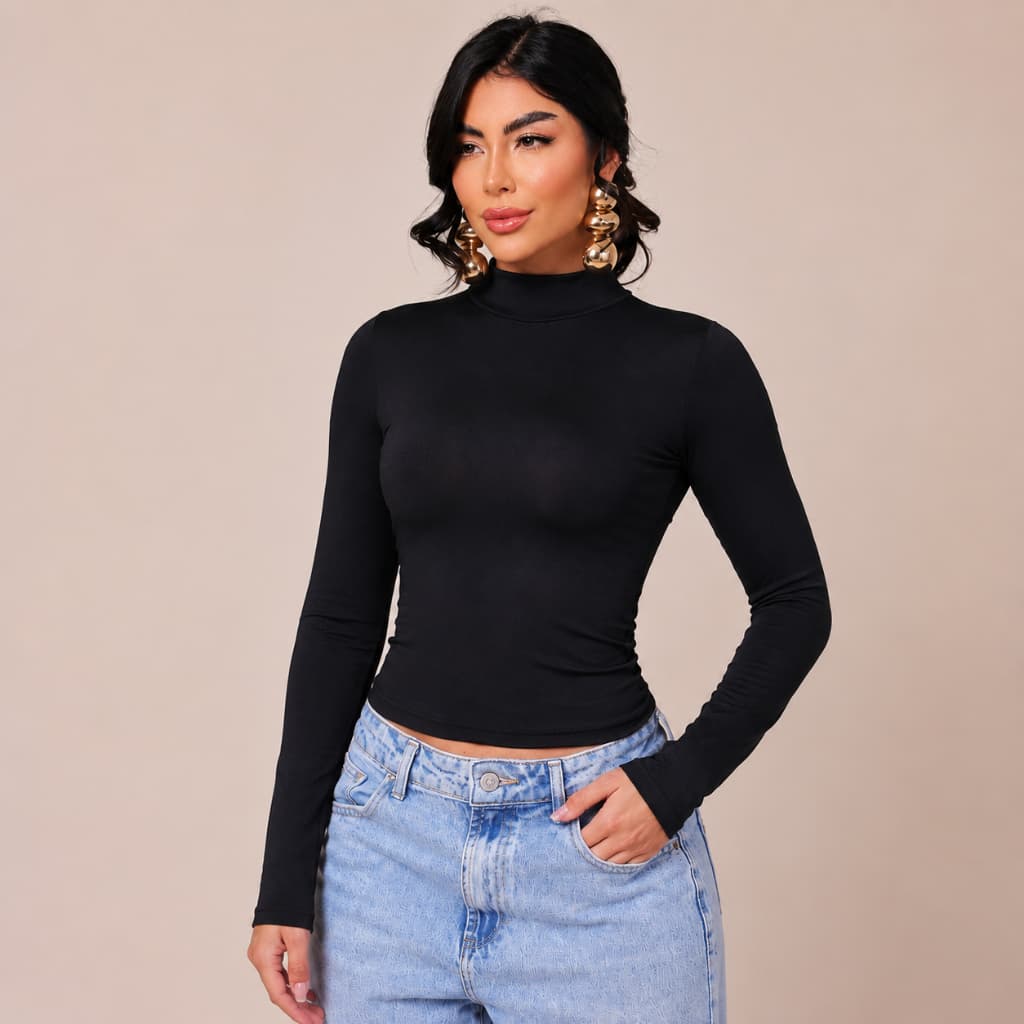 Blusa Cacharrel Feminina Manga Longa Suplex Gola Média Justa Segunda Pele  -  P M G GG
