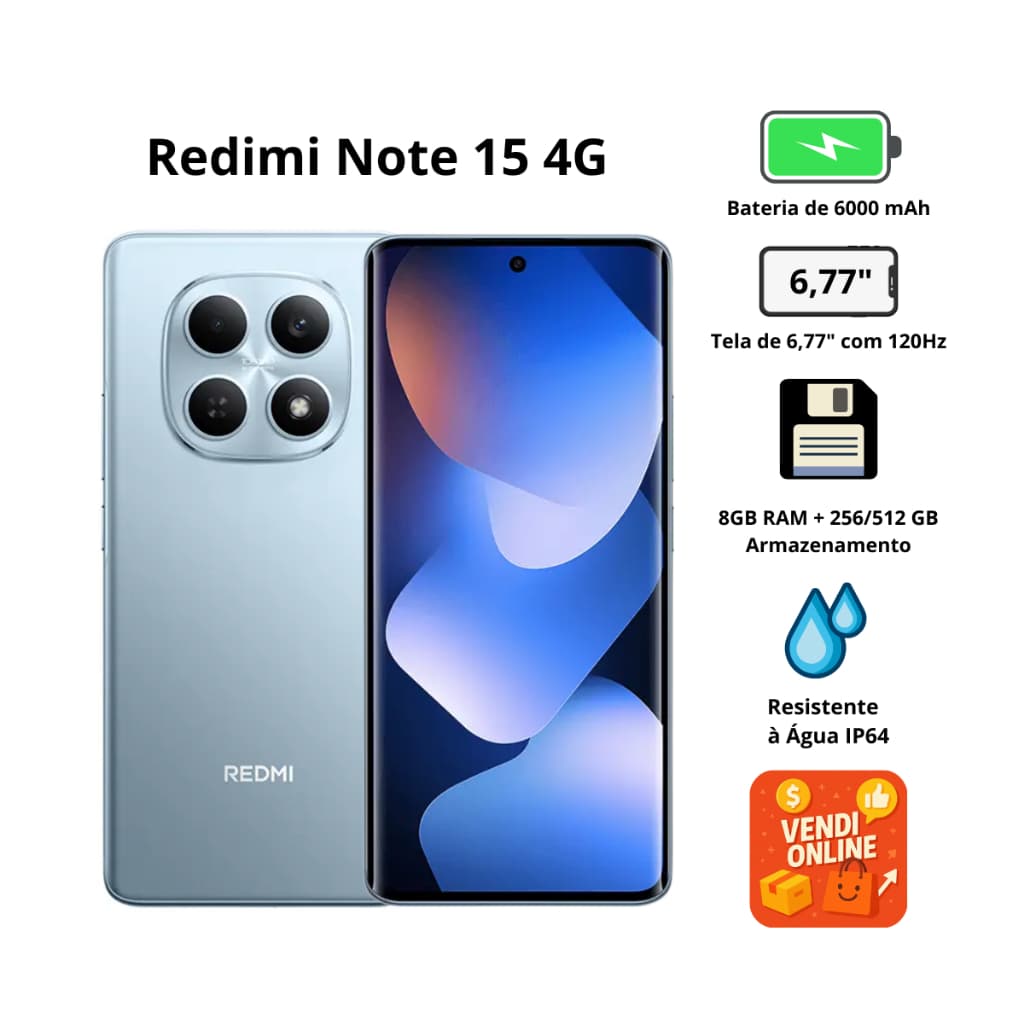 Smartphone Redmi Note 15 4G 256GB 8GB AMOLED 120Hz Bateria 6000mAh