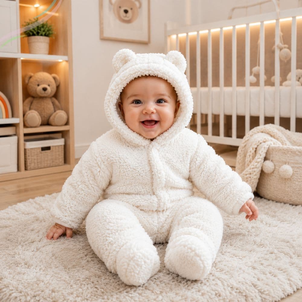 Macacão para Bebê Infantil de Pele de Carneiro Macio e Quentinho com Zíper e Capuz com Orelhinhas para Menino e Menina