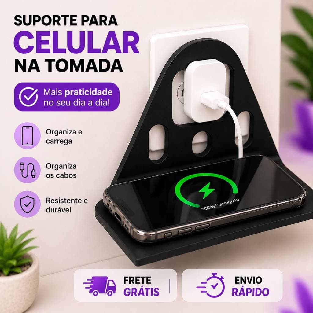 Suporte Celular para Tomada Carregador Parede Universal Porta Celular Organizador de Cabos Prateleira Resistente