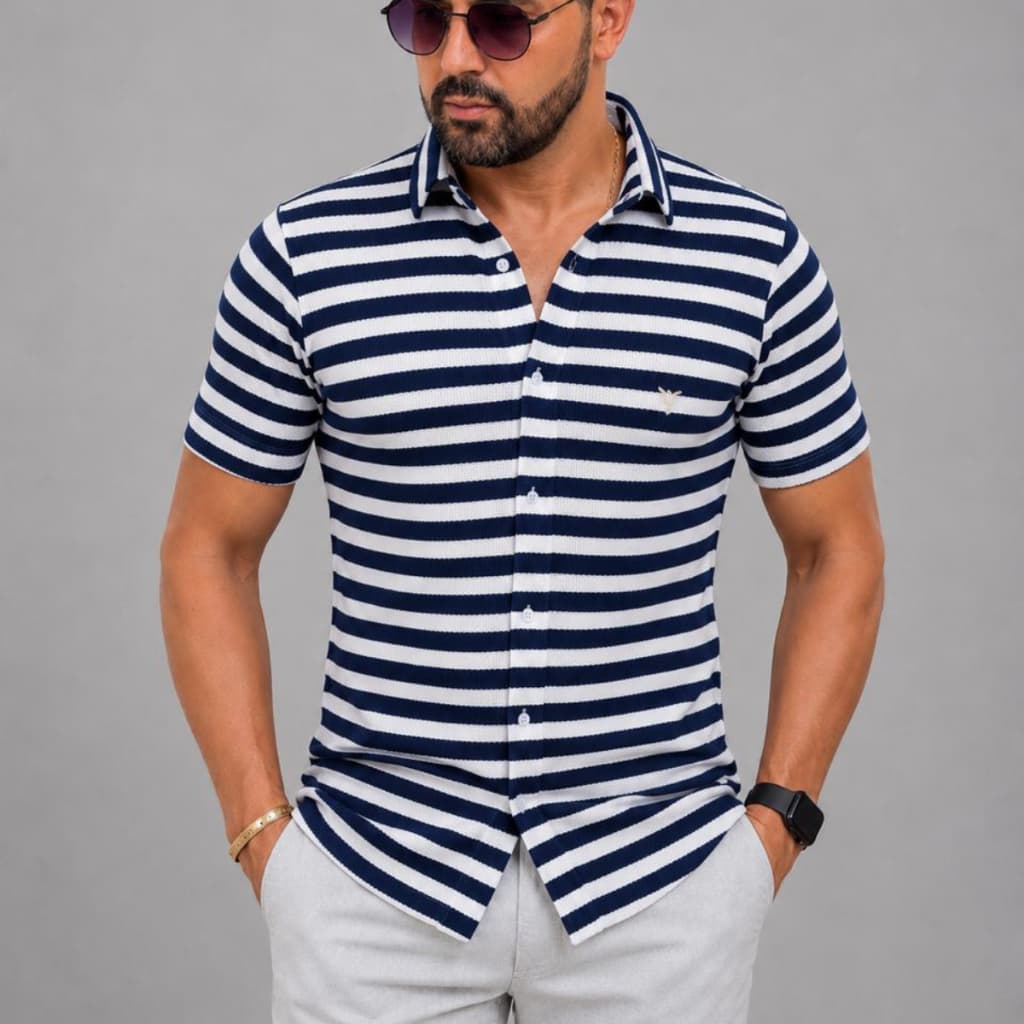 Camisa Tricô Masculina Manga Curta Slim Roupa Masculina Casual Elegante Tricô Listrado Verão