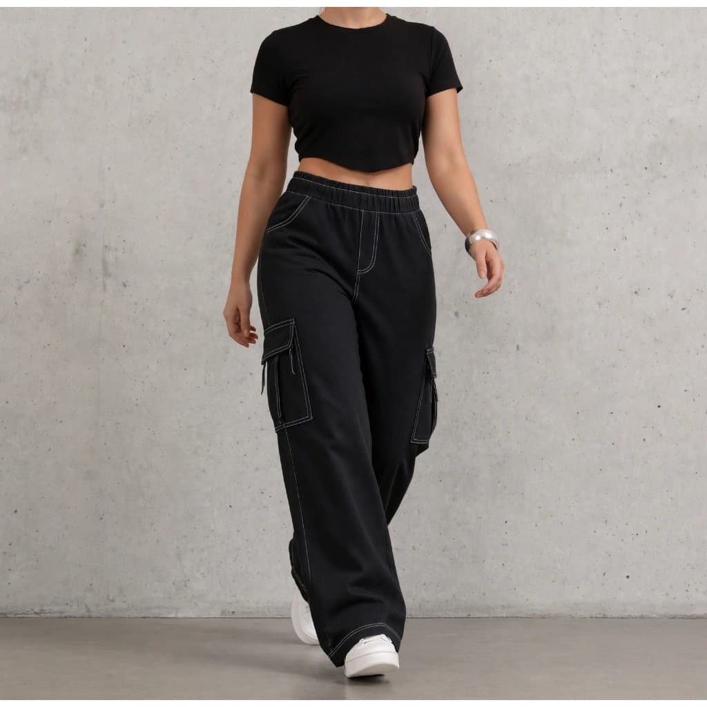Calça Cargo Wid Legue Feminina Sarja com Elástico na Cintura 5 bolsos