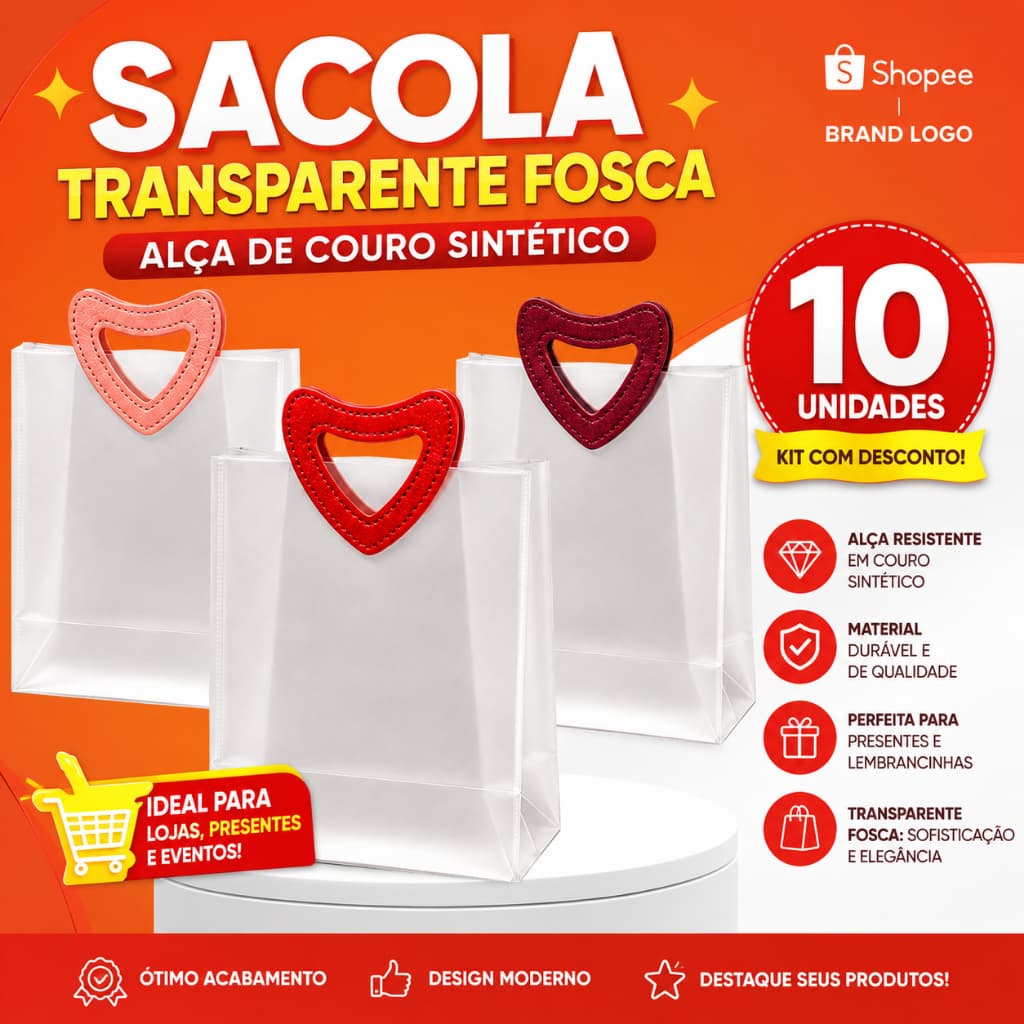 Kit 10 Sacolas Transparentes Foscas com Alça Coração Vermelha 18,5x16x8cm Embalagem para Presente Premium