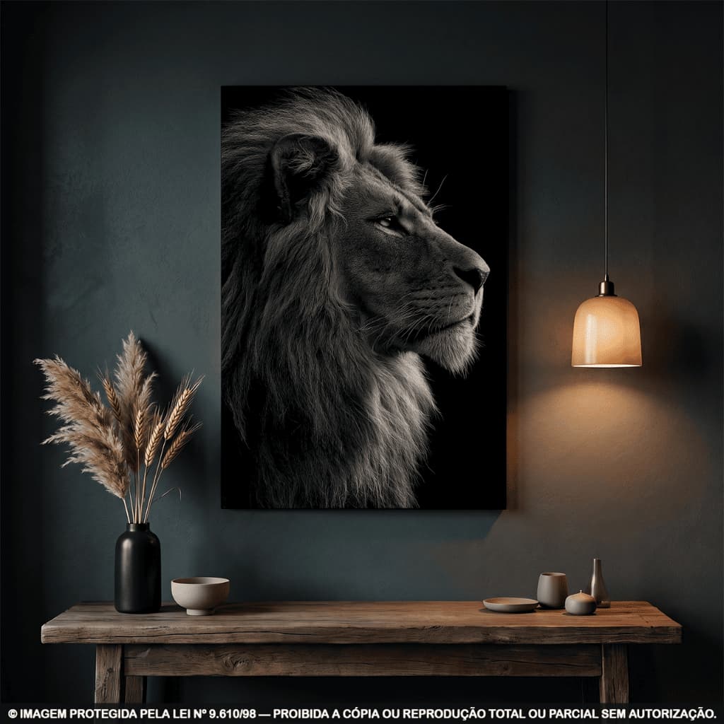 Quadro Decorativo Leão Preto e Branco Perfil Premium Borda Infinita