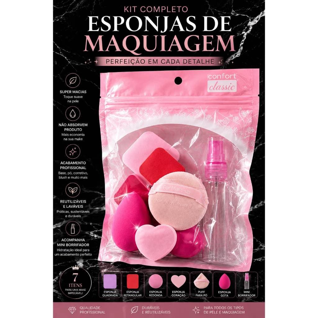Kit Esponjas de Maquiagem 7 Peças Beauty Blender Puff Pó Mini Borrifador Base Corretivo Maquiagem Profissional