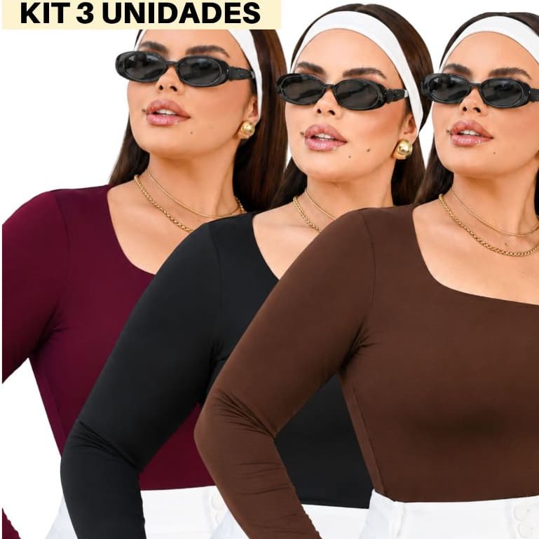 kit 2 Blusa Manga Longa Feminina Básica Decote Quadrado Segunda Pele Plus Size T shirt Confortável Alta Elasticidade