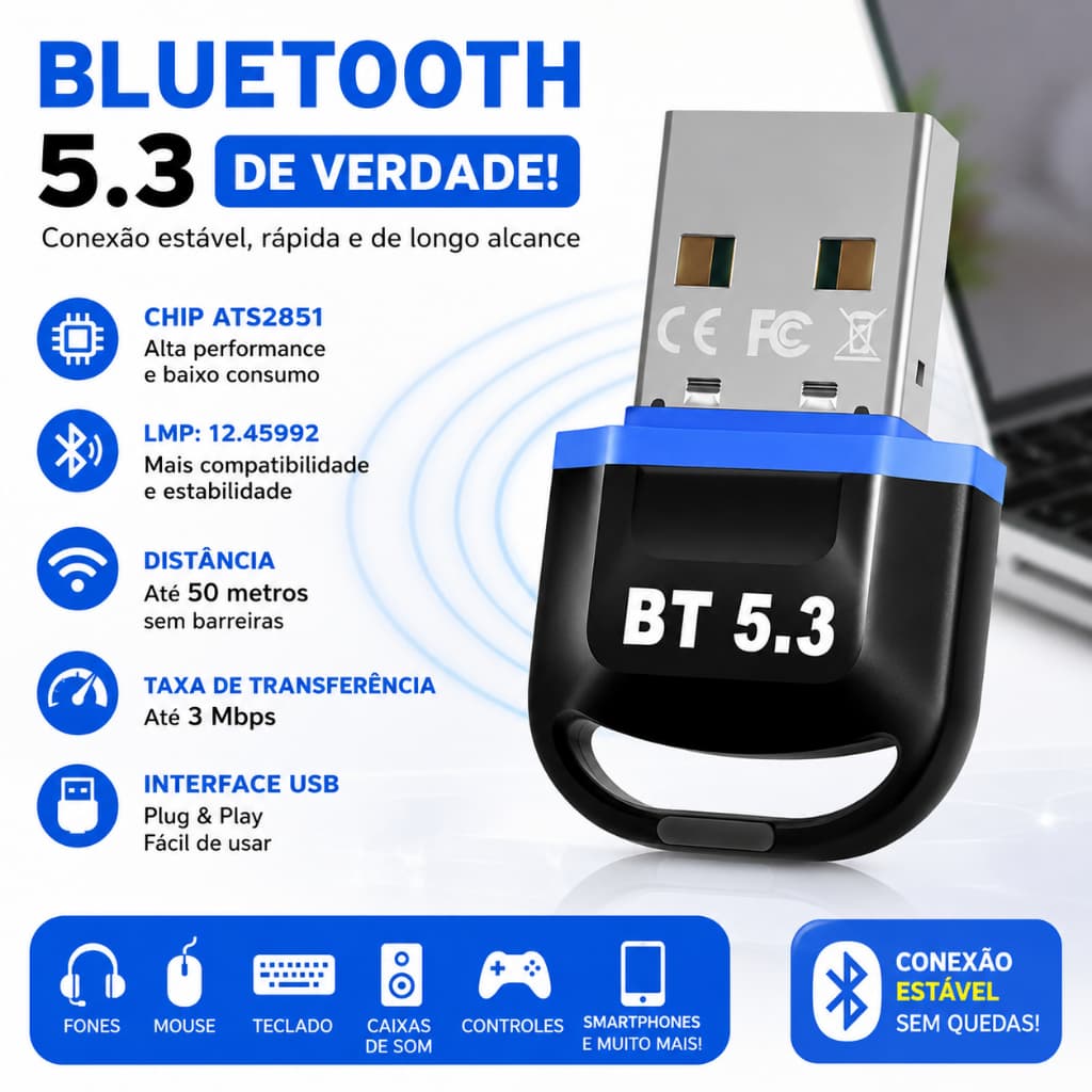 Adaptador USB Bluetooth 5.3 para PC Notebook Receptor Dongle Plug e Play Windows Alta Velocidade, Até 5 dispositivos