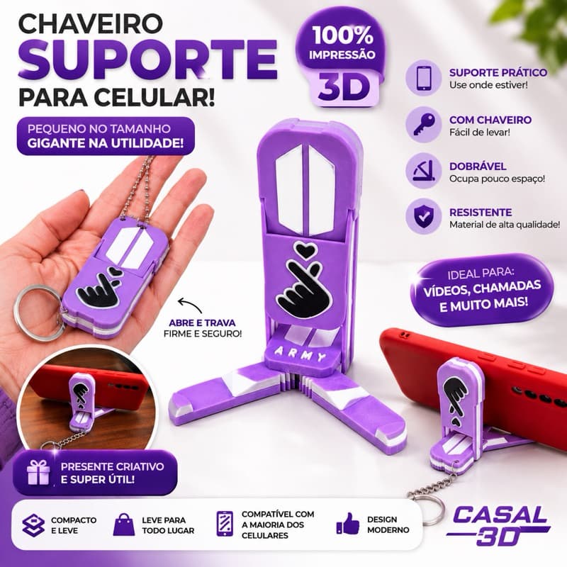 Chaveiro Suporte para Celular BTS Roxo | Porta Celular Dobrável | Presente Army