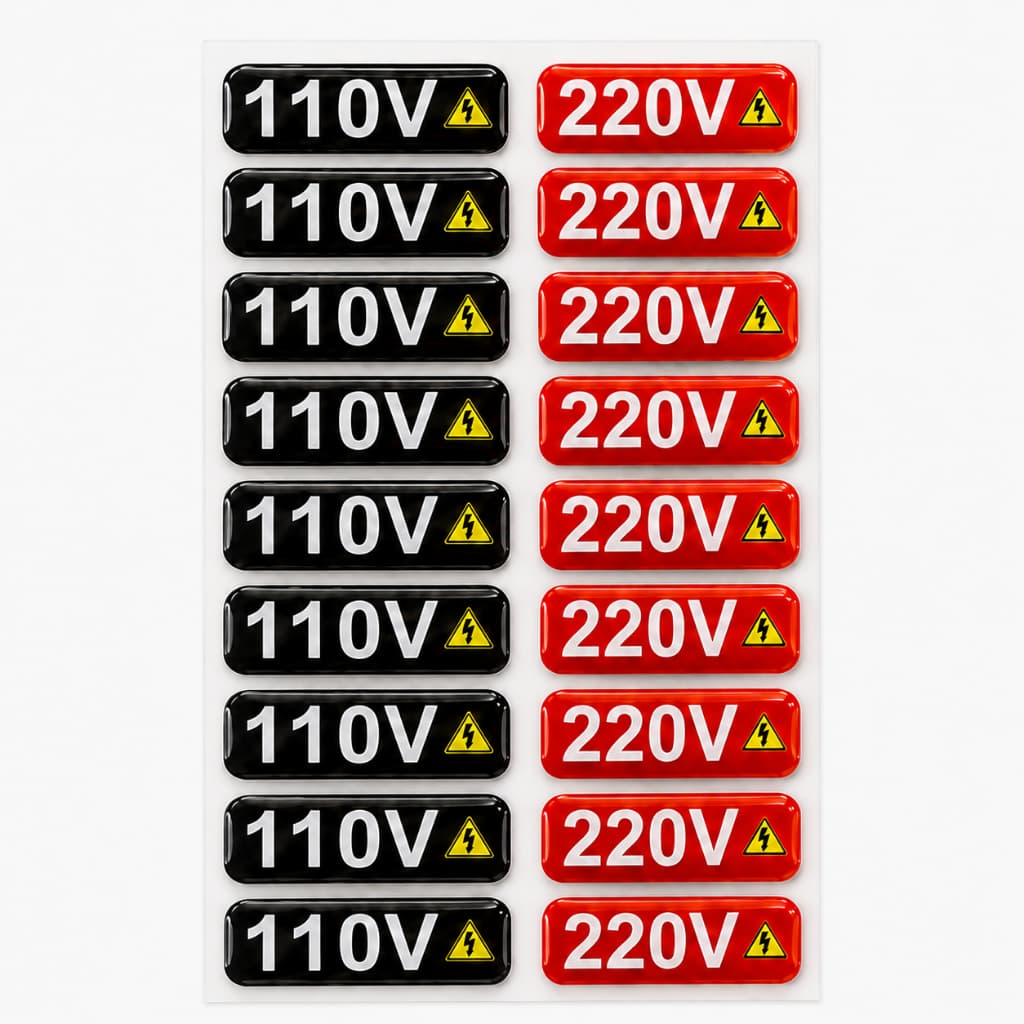 Etiqueta resinada voltagem para tomadas 110v 220v energia elétrica equipamentos aparelhos eletônicos Volts