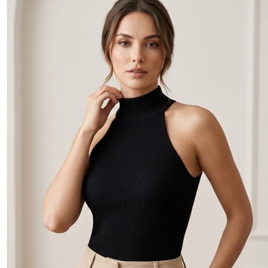 Regata Feminina Gola Alta Canelada | Blusa Sem Manga Ajustada Básica Elegante Moda Feminina Casual