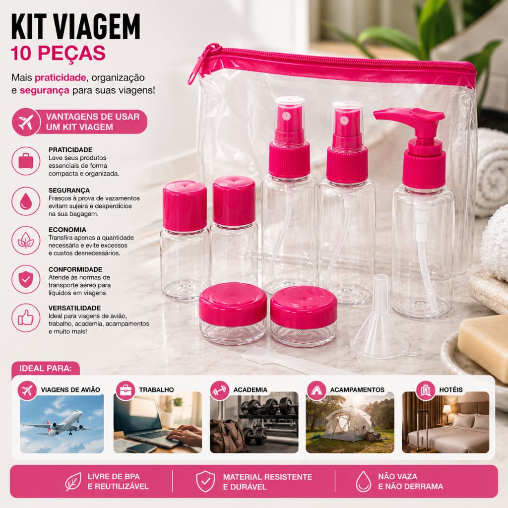 Kit Viagem 10 Peças Frascos Para Shampoo Perfume Cosméticos Necessaire Avião