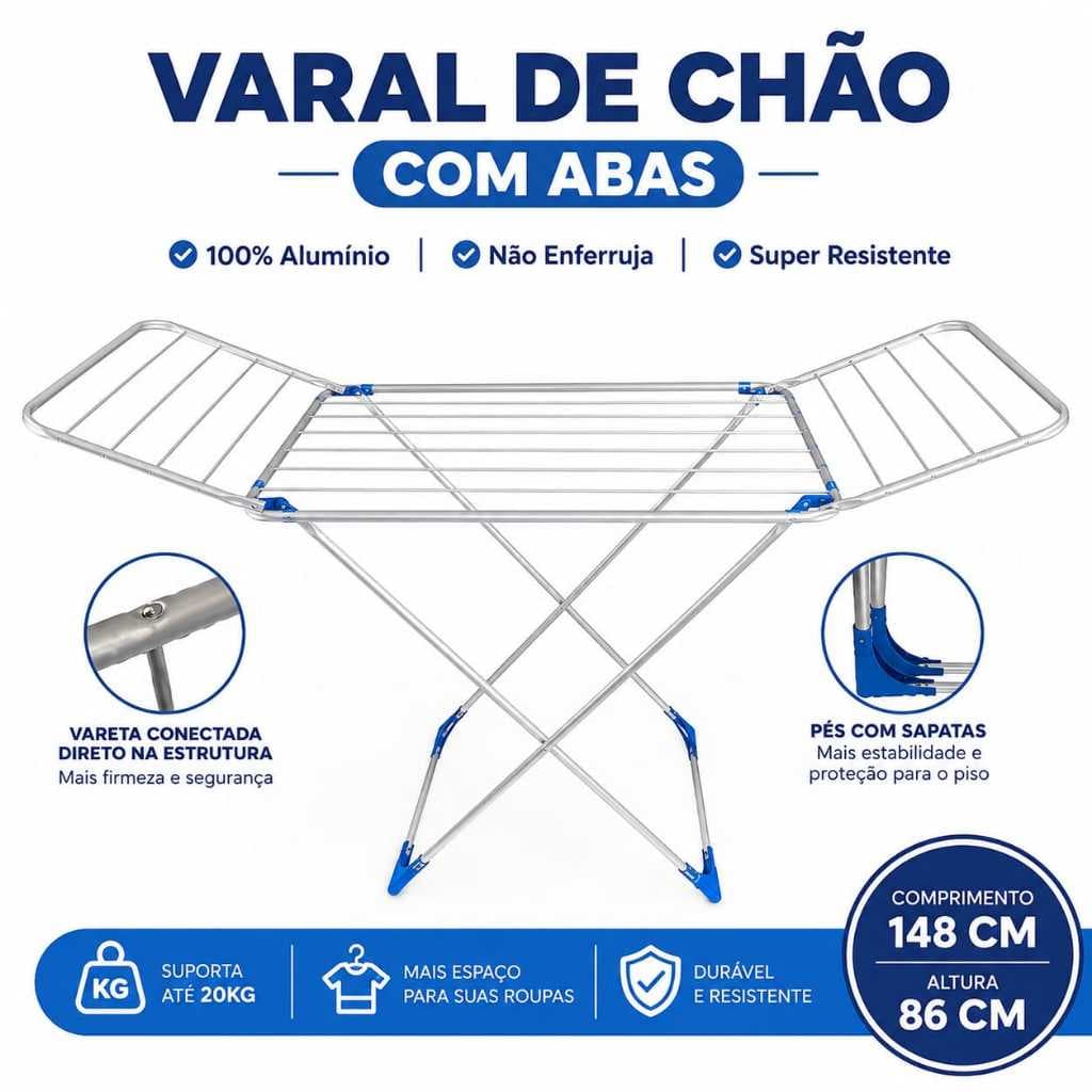 Varal de chão com abas,  em alumínio reforçado, dobrável, não enferruja