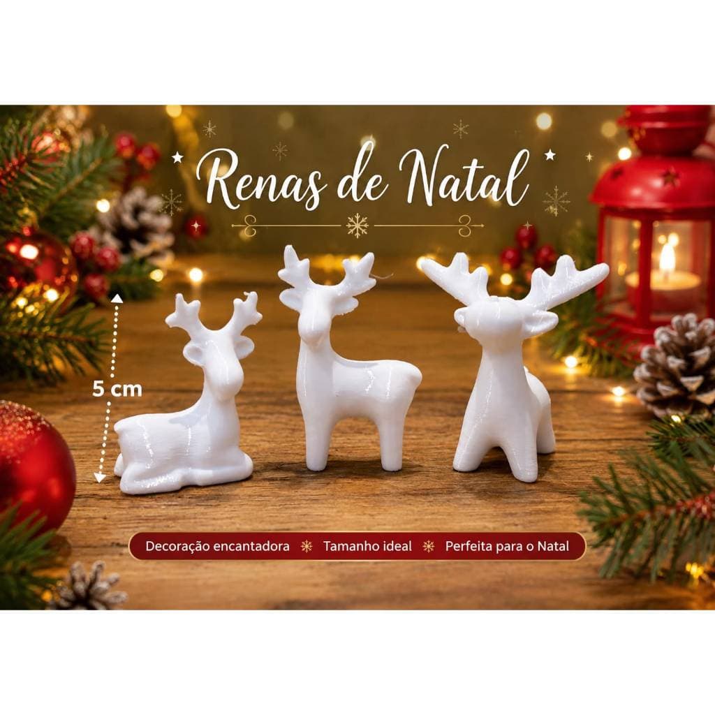 Kit Mini Renas de Natal com 3 Peças – Decoração Natalina – Enfeite para Mesa, Árvore e Presépio (5 cm)