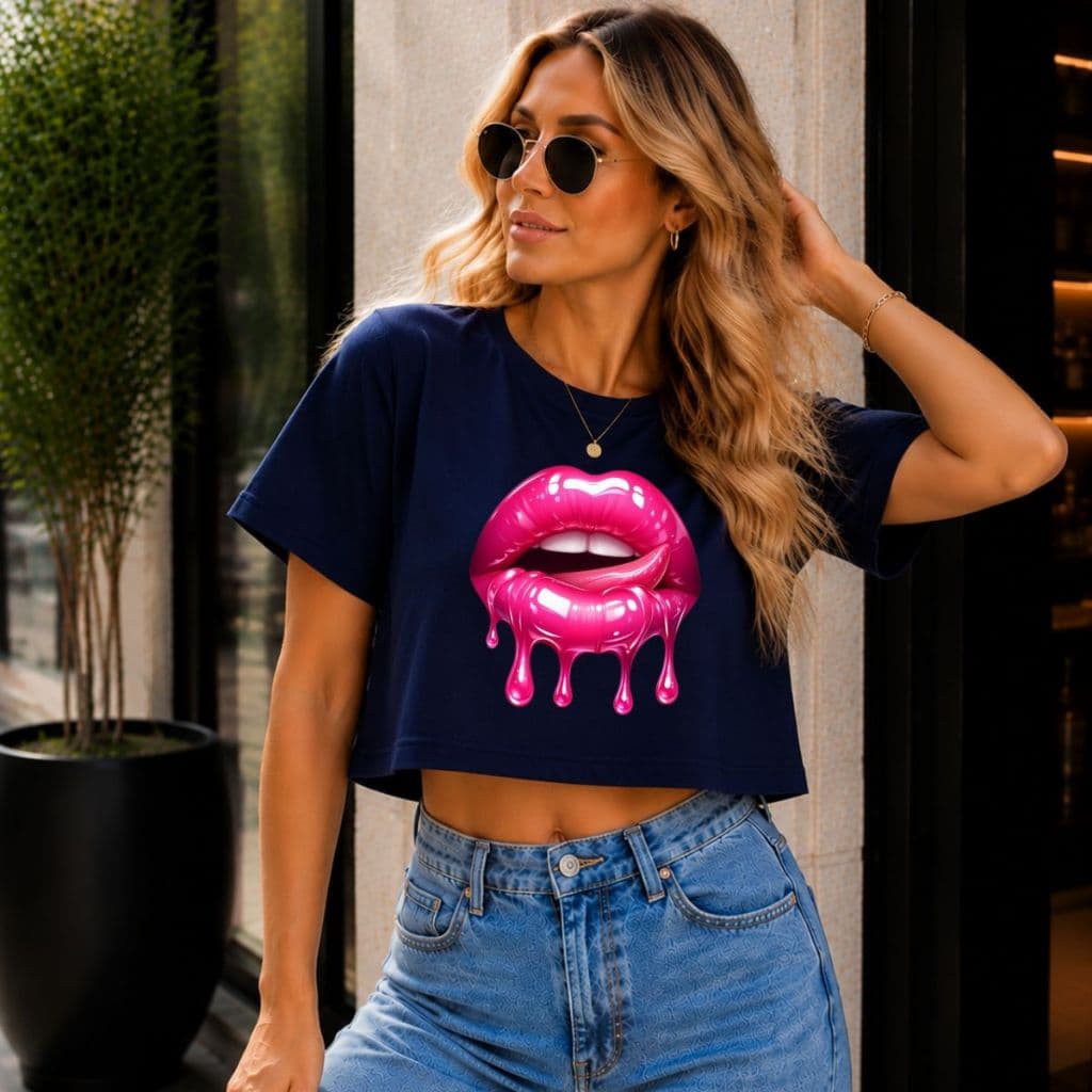 Cropped feminino estampa boca rosa camiseta t-shirt