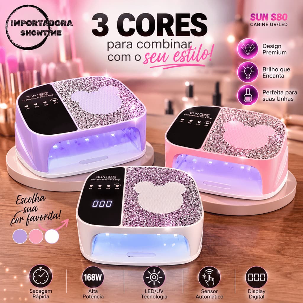 Cabine UV LED SUN S80 168W Profissional para Unhas em Gel Display Digital Bivolt Strass
