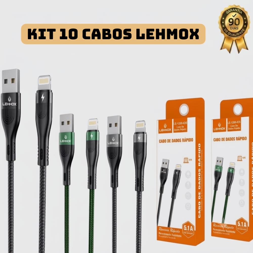 Kit 10 Cabos Carregador 5.1A Tipo C Lightning iPhone USB Carregamento Rápido Reforçado Nylon 1 Metro Samsung Motorola