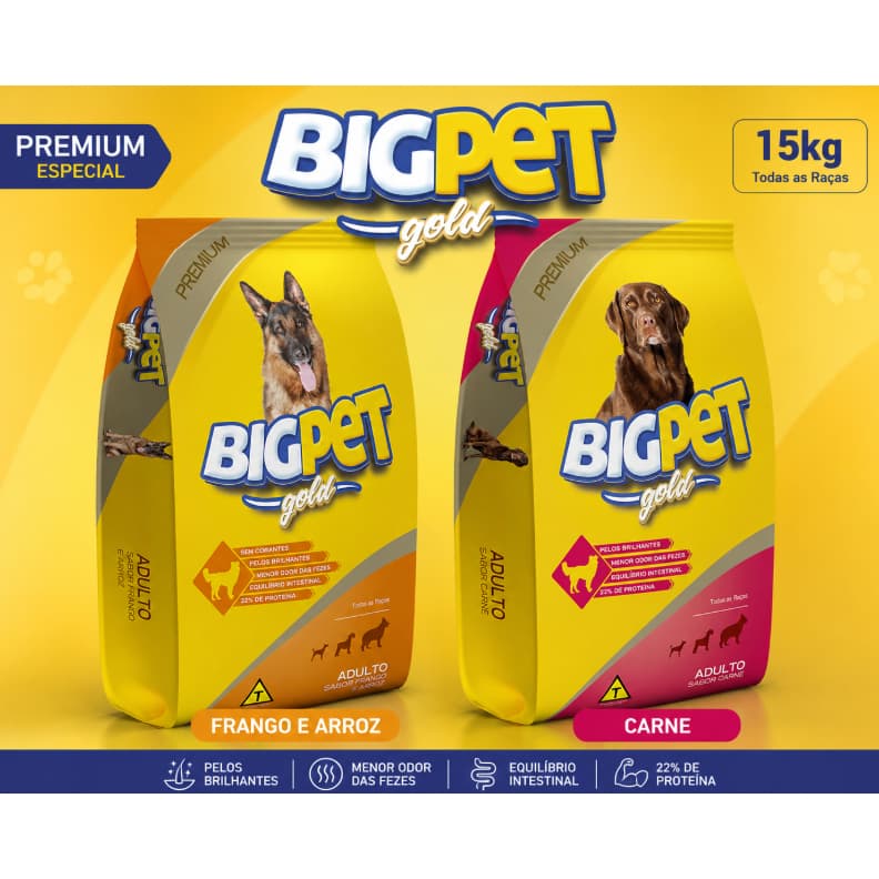 Ração Big Pet Gold Premium Adultos 15kg Todas as Raças - Carne / Frango e Arroz