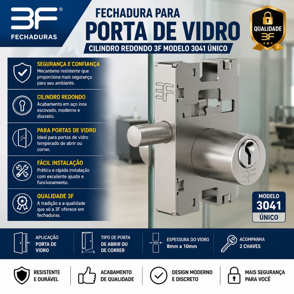 Fechadura Porta De Vidro Cilindro Redondo 3f Modelo 3041 Unico