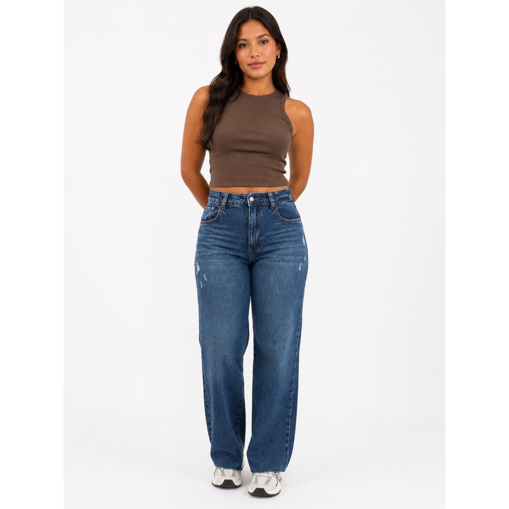Calça Jeans Wide Leg Feminina Azul Cintura Média Casual Premium Confortável