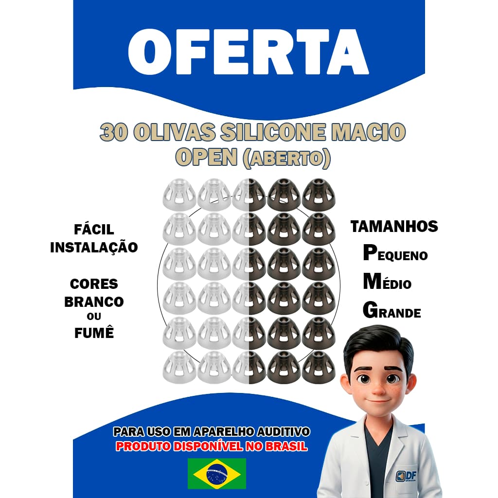 Pacote Com 30 Olivas Silicone Open ( Aberta ) para Aparelho Auditivo P M G