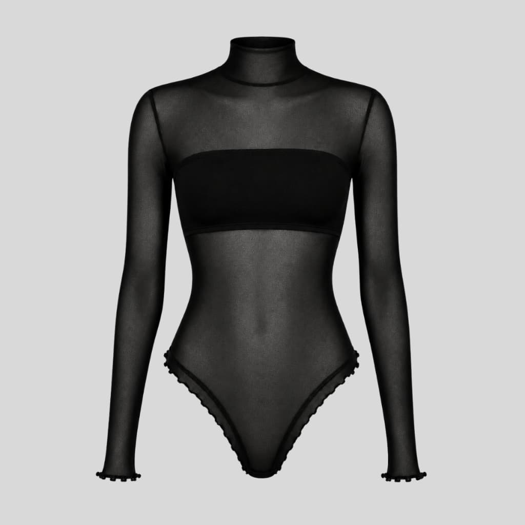 Body Feminino Tule Transparente com Frufru Manga Longa Gola Alta Elegante + Top Faixa Moda Feminina