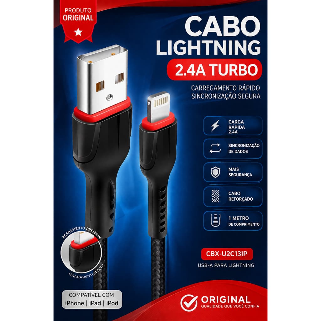 CABO CELULAR LIGHTNING IPHONE 2.4A 1MT TURBO (CBX-U2C13IP)