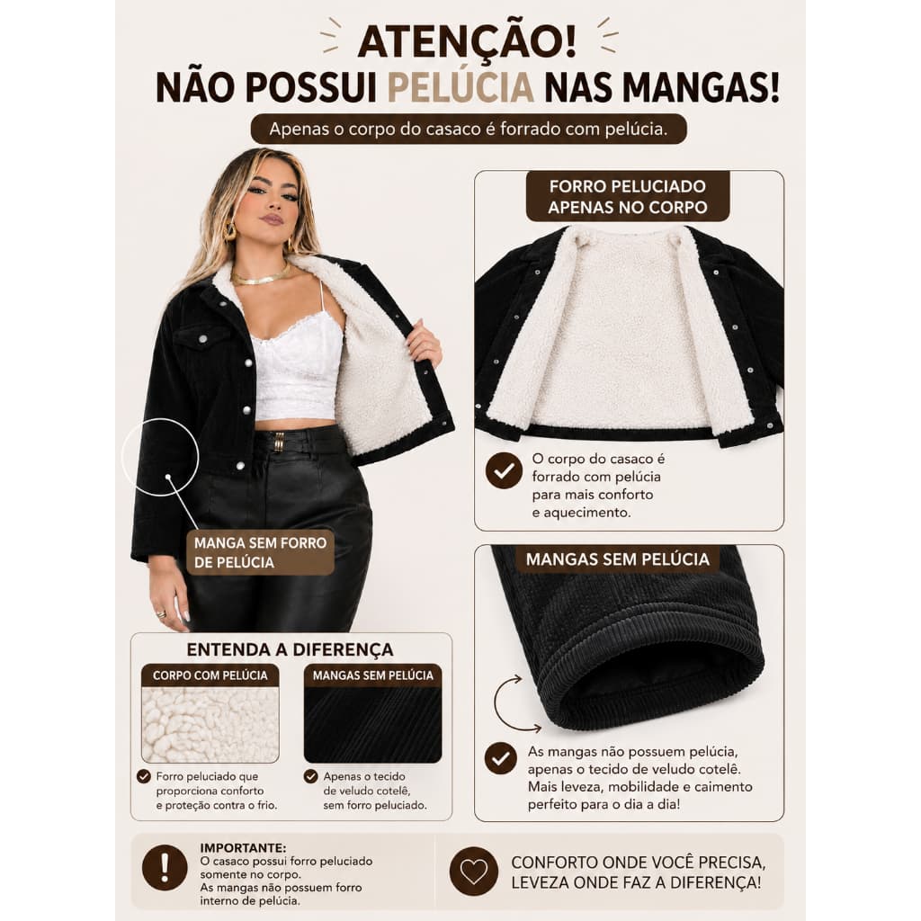 Casaco Cropped Feminino Cotelê com Forro Peluciado
