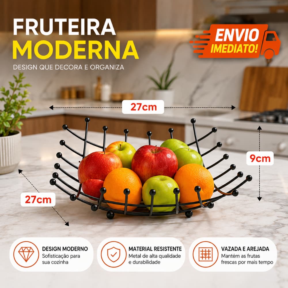 Fruteira de Metal Preta 27x27x9cm Cesta Porta Frutas Aramada Centro de Mesa Decorativo Cozinha Sala