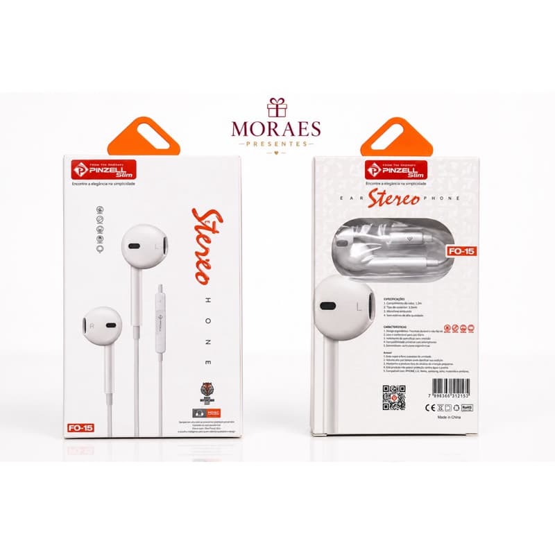 Fone Pinzell FO-15 com fio, som estéreo, microfone, conector P2 3,5 mm e cabo de 1,2 m.