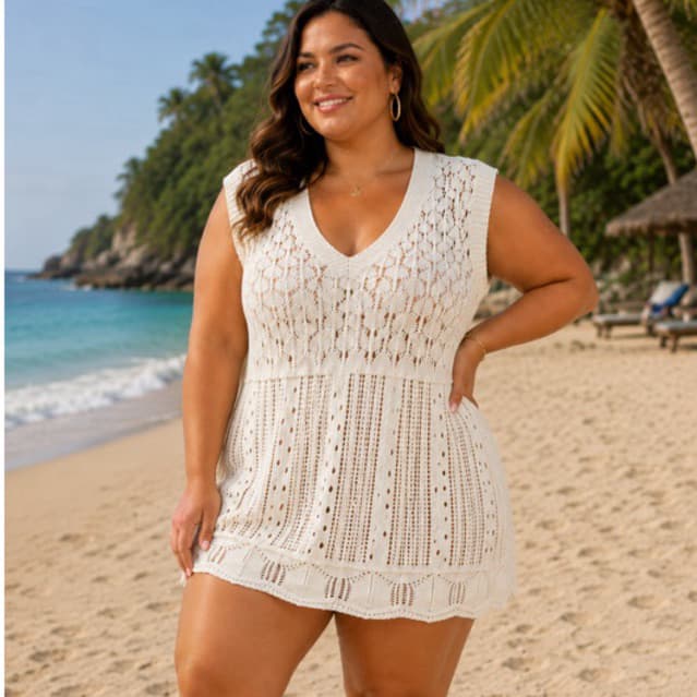 Saída de Praia Feminina Tricô Curta Decote V Crochet Vazada Moda Praia Verão Premium