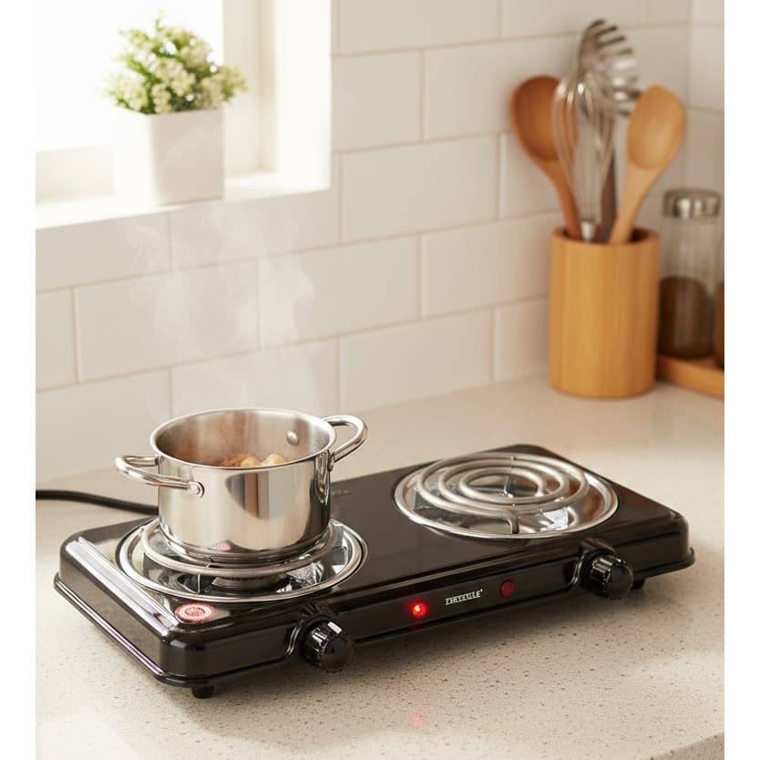 Fogareiro Elétrico Portátil 2 Bocas 220V Preto Casa Cozinha Camping Viagem Roça Varanda Leve pratico