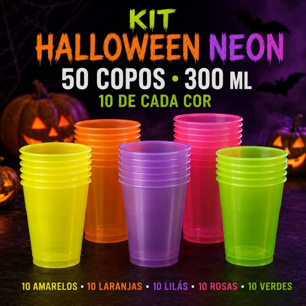 50 Copos Coloridos Neon Festa Hallooween, Dia Das Bruxas