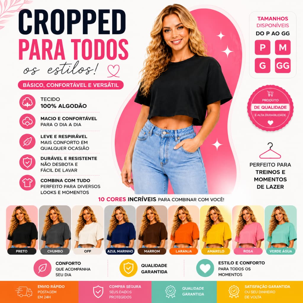 Cropped Feminino Liso Básico Justo Confortável Academia  Várias Cores