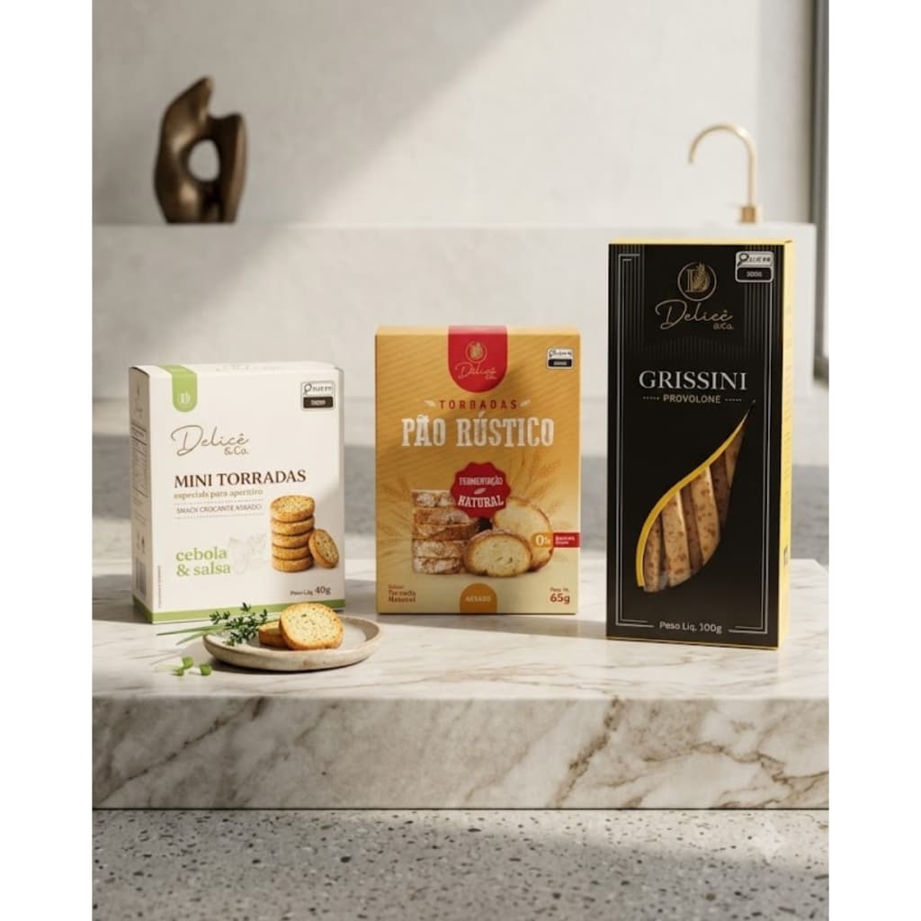 Kit aperitivos Delicê -Torradas, Grissini e Pão Rustico sem fermentação