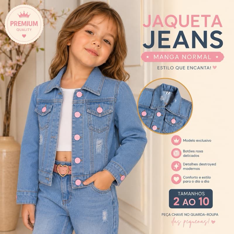 Jaqueta Jeans Infantil Feminina Jeans Claro Botão Rosa Casual 2 ao 10 Anos