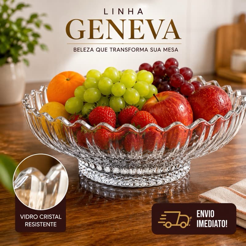 Fruteira Centro de Mesa Vidro Lapidado Grande 32cm Centro de Mesa Geneva de Vidro Transparente Luxo