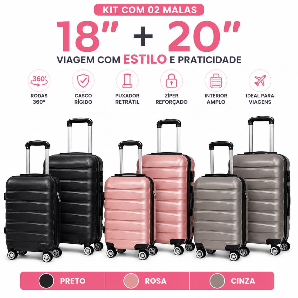 Kit 2 Malas Viagem 18 e 20 Polegadas Com Rodinha 360º graus 23 Kg Leve Resistente Preta Rosa Cinza